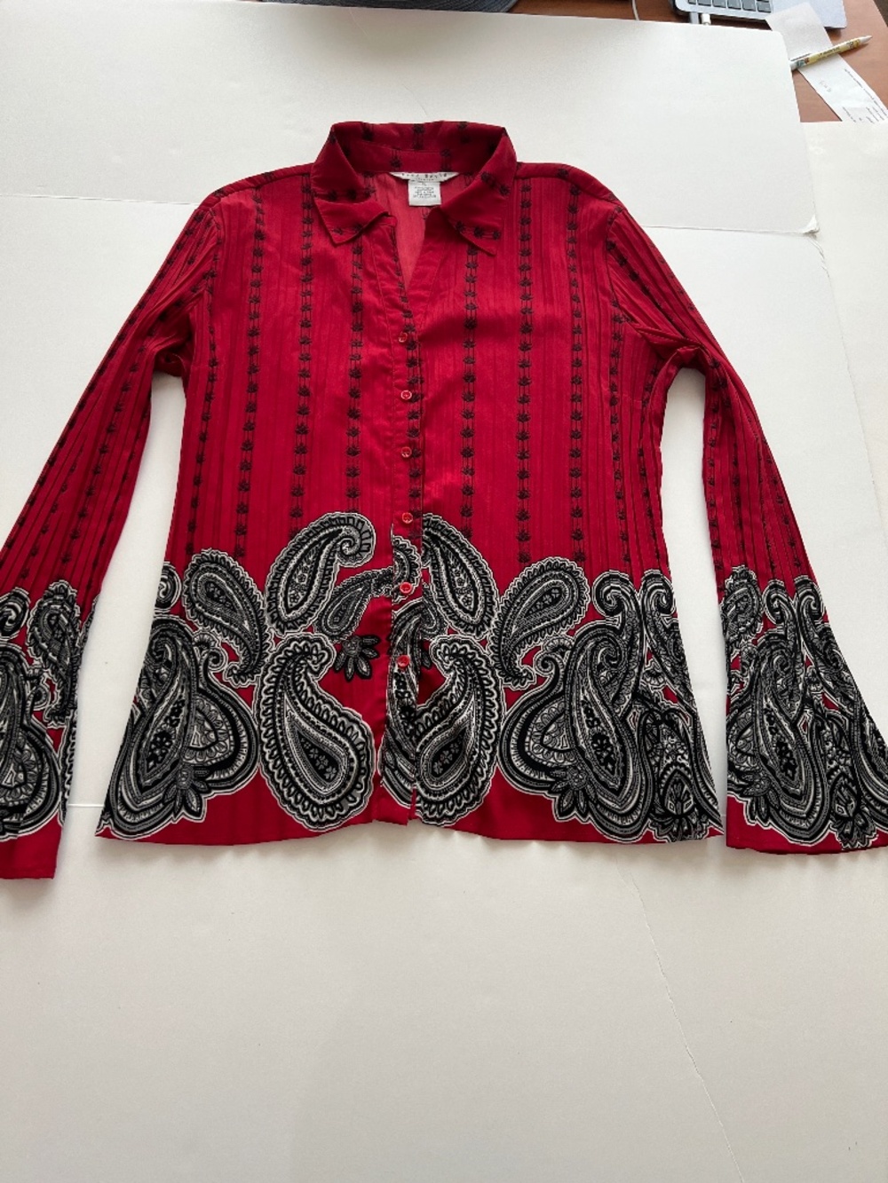 VTG Fred David Stretch Red Paisley Print Pleated Long Sleeve Blouse Women's XL